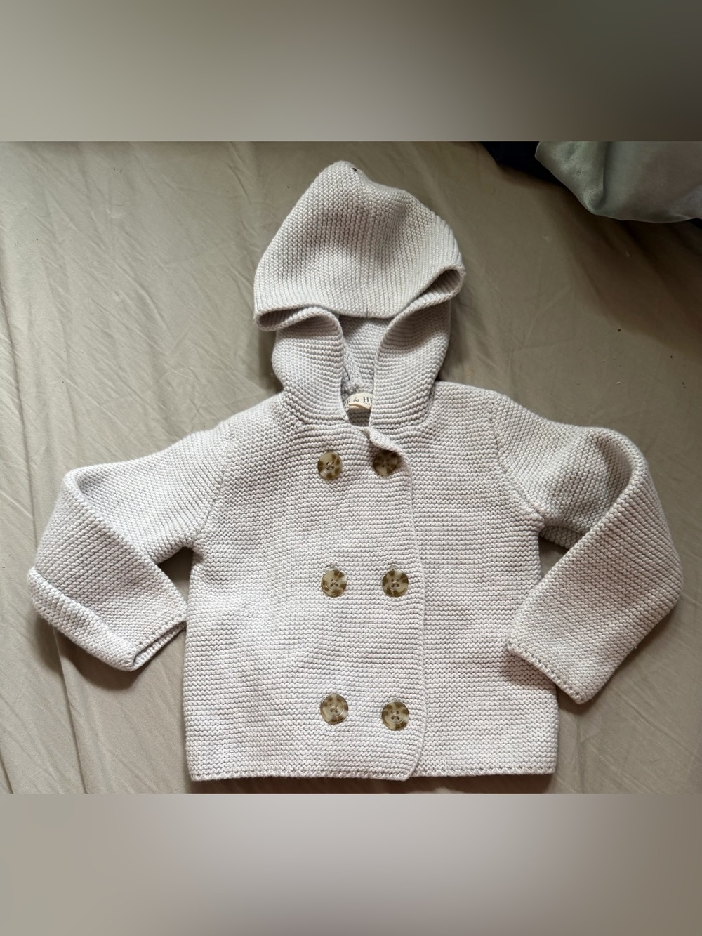 Hooded Double-Breasted Knit Sweater Jacket - Cream